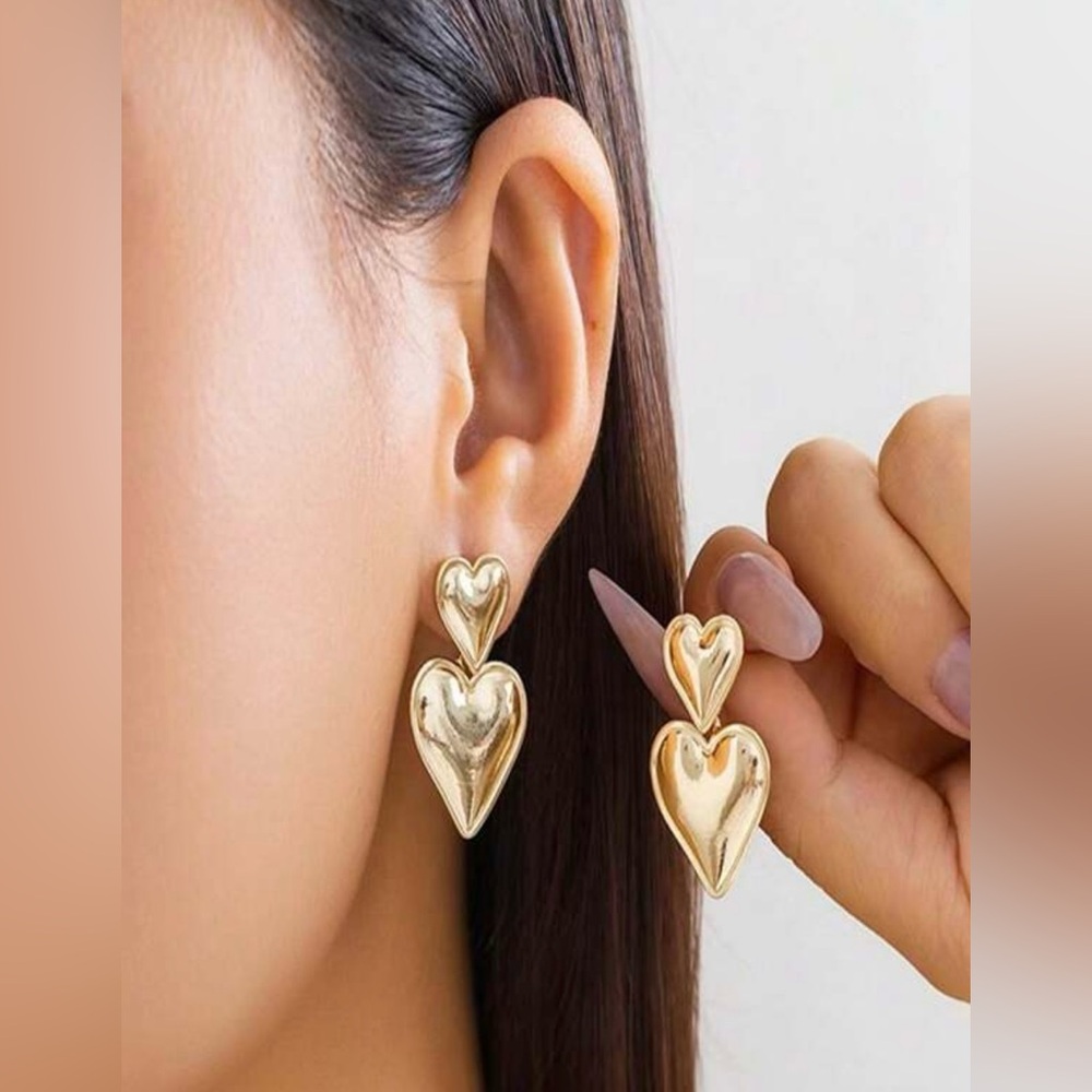Double Gold Heart Drop Earrings
